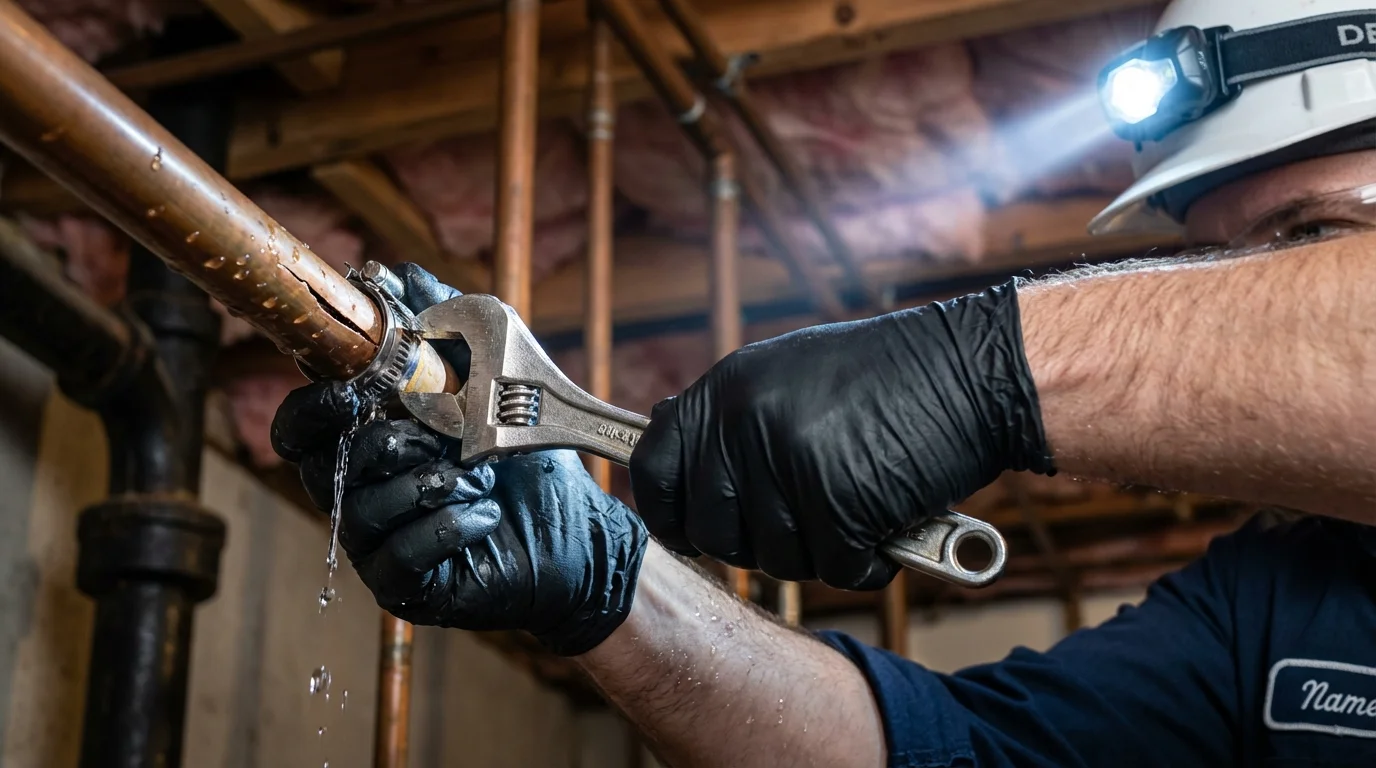 Emergency pipe clamp repair being performed by a Johns Plumbing LLC plumber in Sierra Vista
