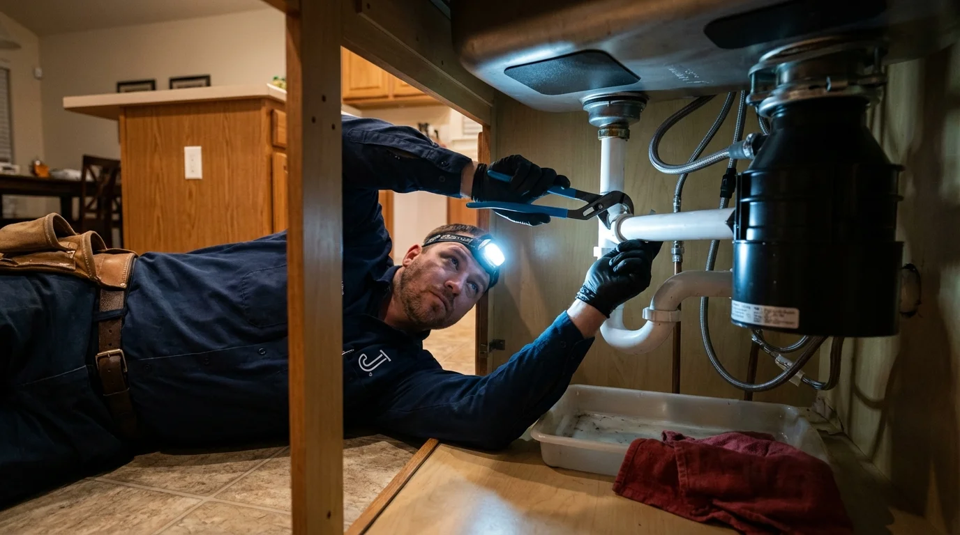 P-trap and supply line connections under a kitchen sink showing a common leak point in Sierra Vista, AZ